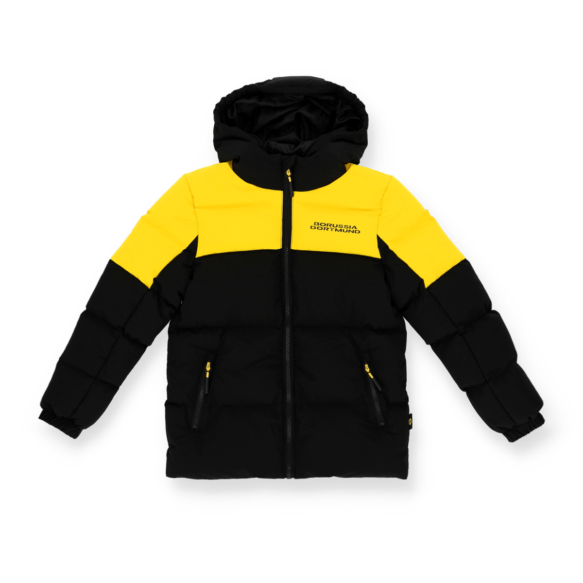 Winterjacke für Kinder in den Farben schwarzgelb von Borussia Dortmund, mit Kapuze, Reißverschluss und BVB-Logo auf der Vorderseite.