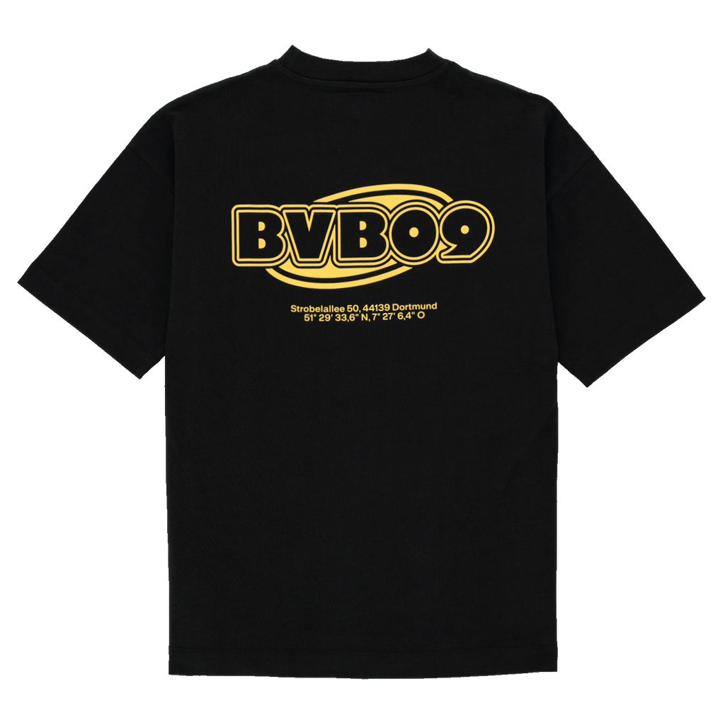 Maglietta nera del BVB "Echo" con un vistoso logo BVB09 in caratteri gialli e l'indirizzo del SIGNAL IDUNA PARK sul retro.