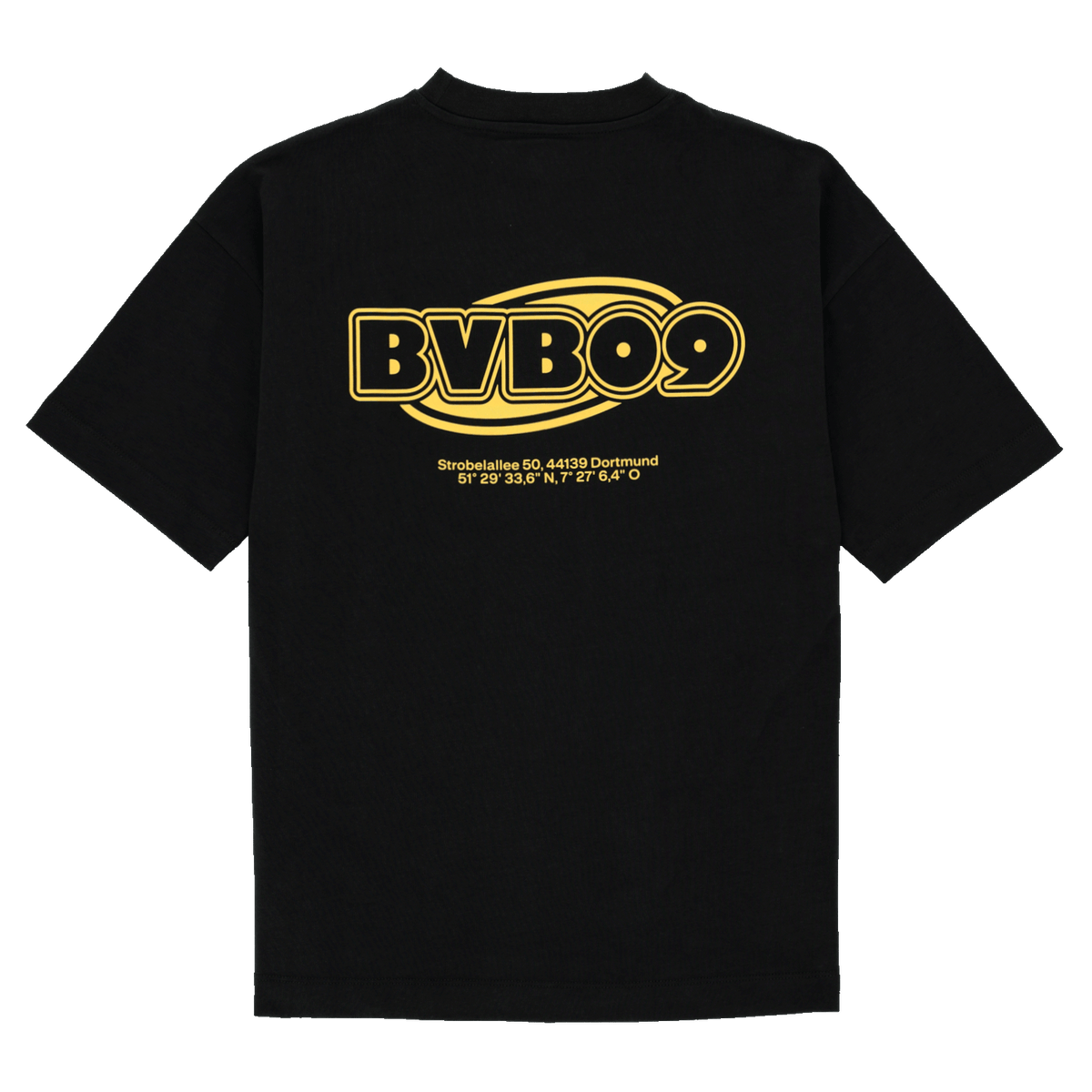 Schwarzes BVB T-Shirt 'Echo' mit auffälligem BVB09-Logo in gelber Schrift und Adresse des SIGNAL IDUNA PARK auf der Rückseite.