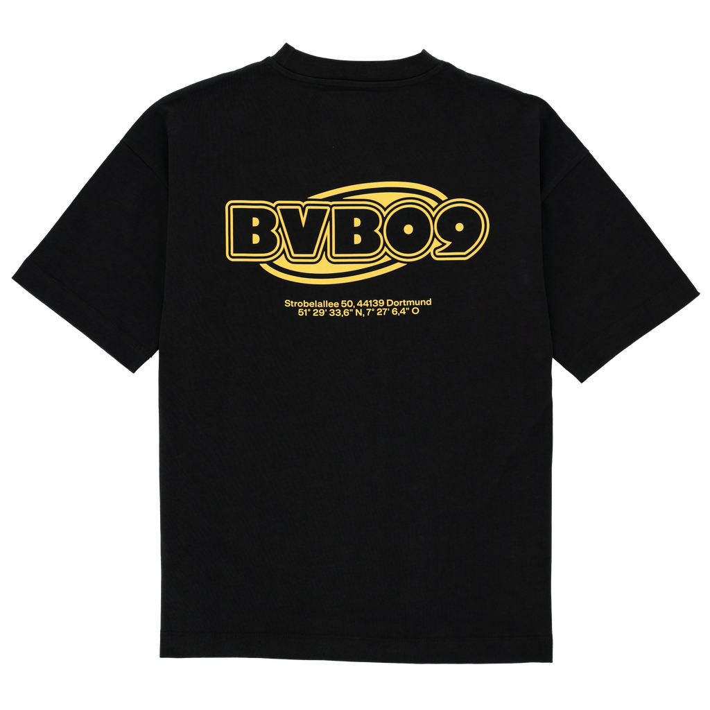 Maglietta nera del BVB con un grande logo giallo “BVB 09” sul davanti, ideale per i tifosi del Borussia Dortmund.