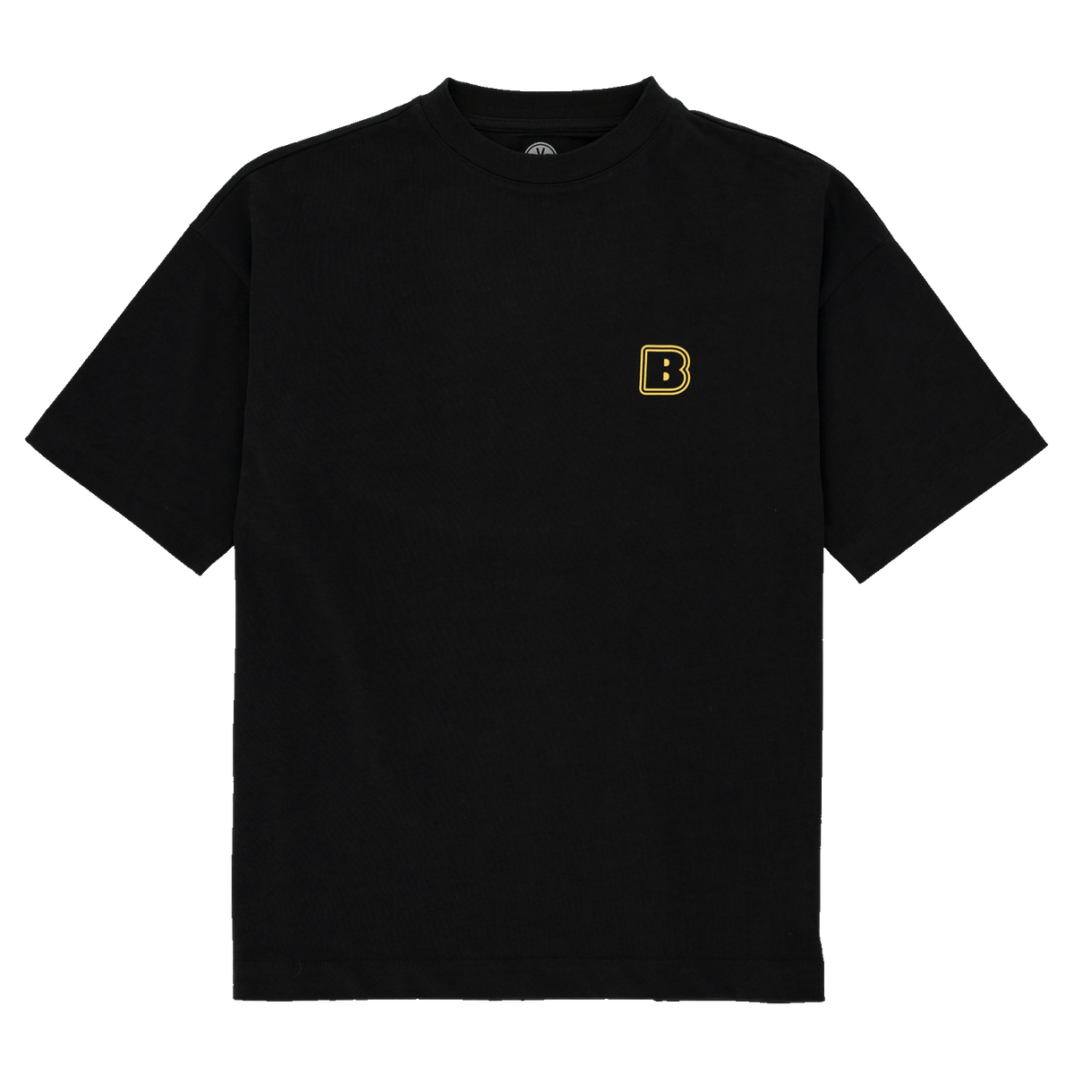 Schwarzes BVB-T-Shirt mit kleinem gelben B-Logo auf der Vorderseite, geeignet für Fans von Borussia Dortmund.