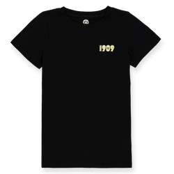 Schwarzes BVB 1909 T-Shirt für Frauen mit schlichtem Design und gelbem 1909-Logo auf der Brust links.