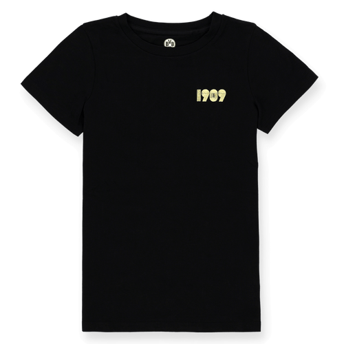 Schwarzes BVB 1909 T-Shirt für Frauen mit schlichtem Design und gelbem 1909-Logo auf der Brust links.