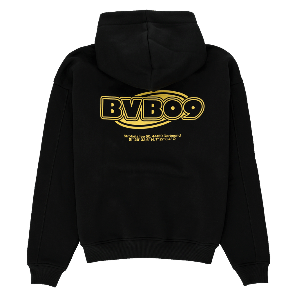 Sweat à capuche noir du BVB avec le logo jaune « BVB 09 », l'adresse et les coordonnées du SIGNAL IDUNA PARK au dos, vue de dos avec la capuche.