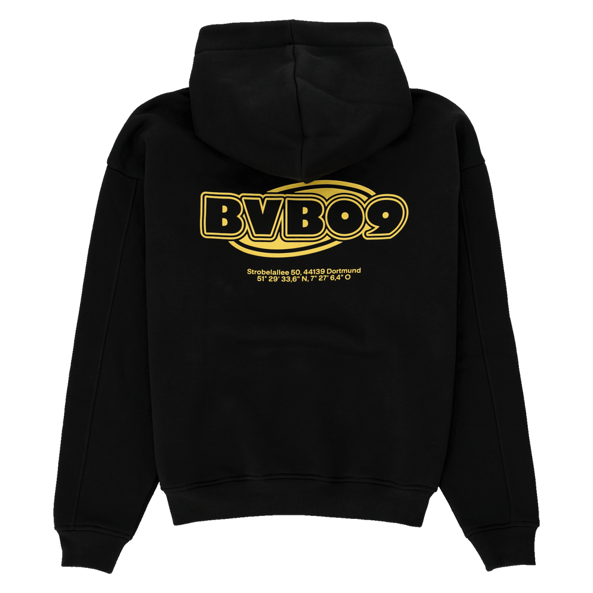 Black BVB hoodie with a yellow BVB 09 logo, the address and coordinates of SIGNAL IDUNA PARK on the back, and a rear view showing the hood.