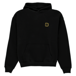 Sudadera con capucha negra del BVB con una «B» amarilla bordada en el pecho, ideal para los aficionados del Borussia Dortmund.