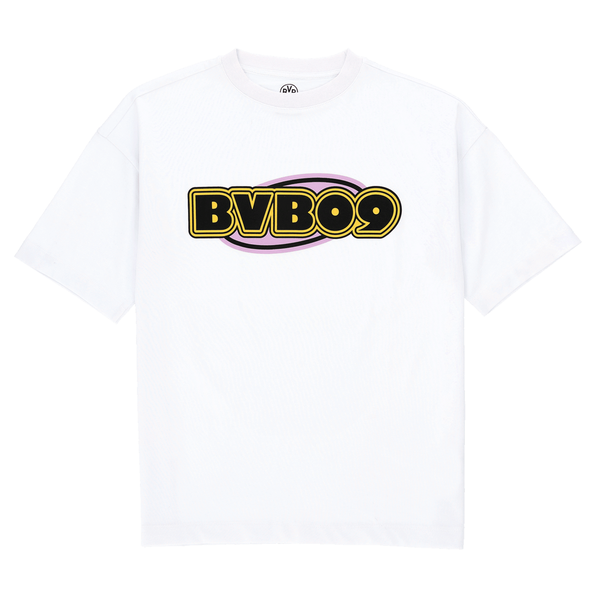 Vorderansicht eines weißen BVB-T-Shirts mit großem schwarzem und gelbem BVB09-Logo auf der Brust.