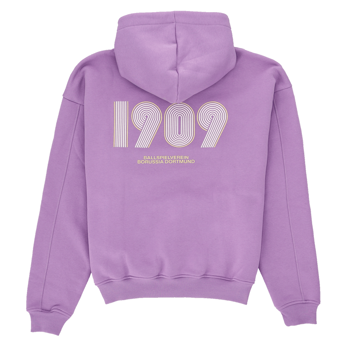 紫色のBVBフーディ。背面に大きな白い「1909」のロゴと、黄色い文字で「Ballspielverein Borussia Dortmund」と記されています。このスポーティーなファングッズの背面からの様子。