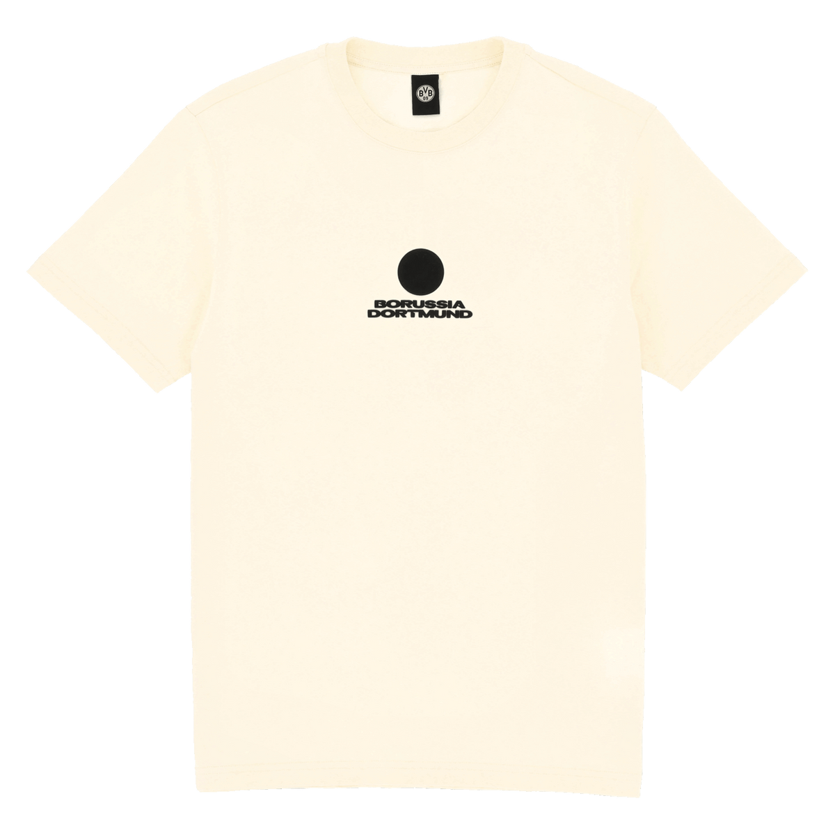 BVB Core T-Shirt in Off-White mit schwarzem Borussia Dortmund-Logo auf der Vorderseite, ideal für Fans, unisex tragbar.