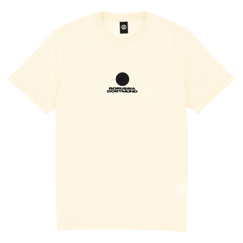 T-shirt BVB Core de couleur blanc cassé, avec le logo noir du Borussia Dortmund sur le devant, idéal pour les supporters, modèle unisexe.