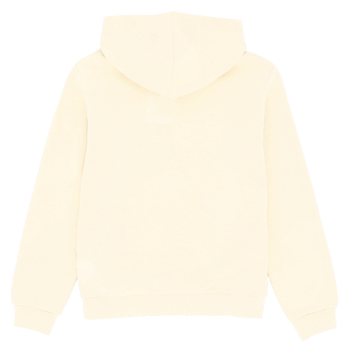 Die Rückansicht des BVB Core Hoodies in Off-White mit Kapuze. Einfach und modern gestaltet.