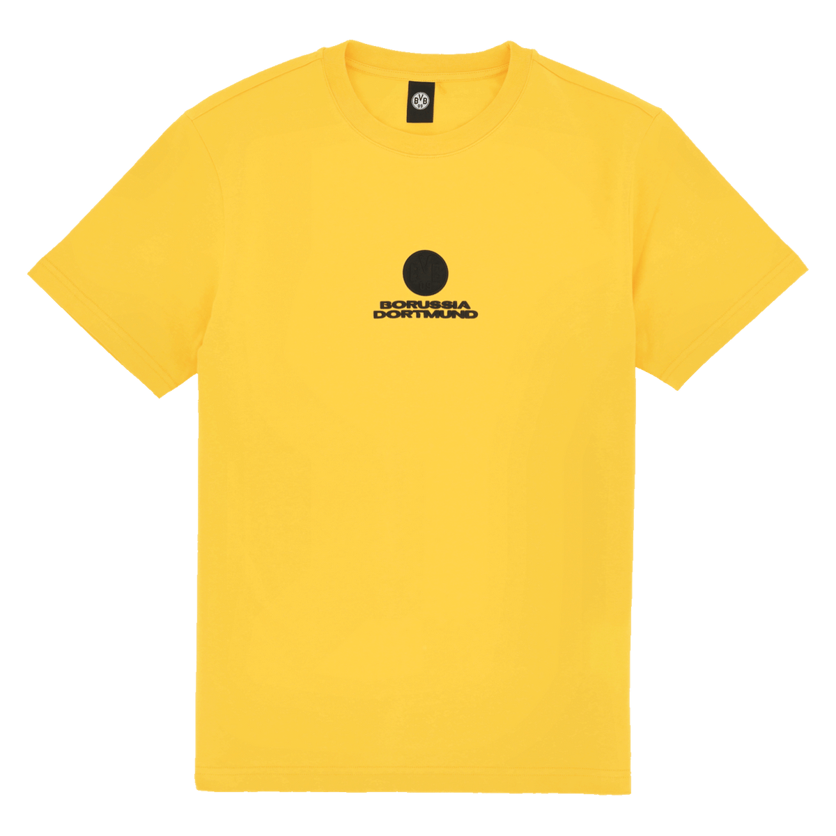 Gelbes BVB-Core-T-Shirt mit schwarzem Borussia Dortmund-Logo auf der Vorderseite. Ideal für Fans von Borussia Dortmund und schwarzgelbem Merchandise.