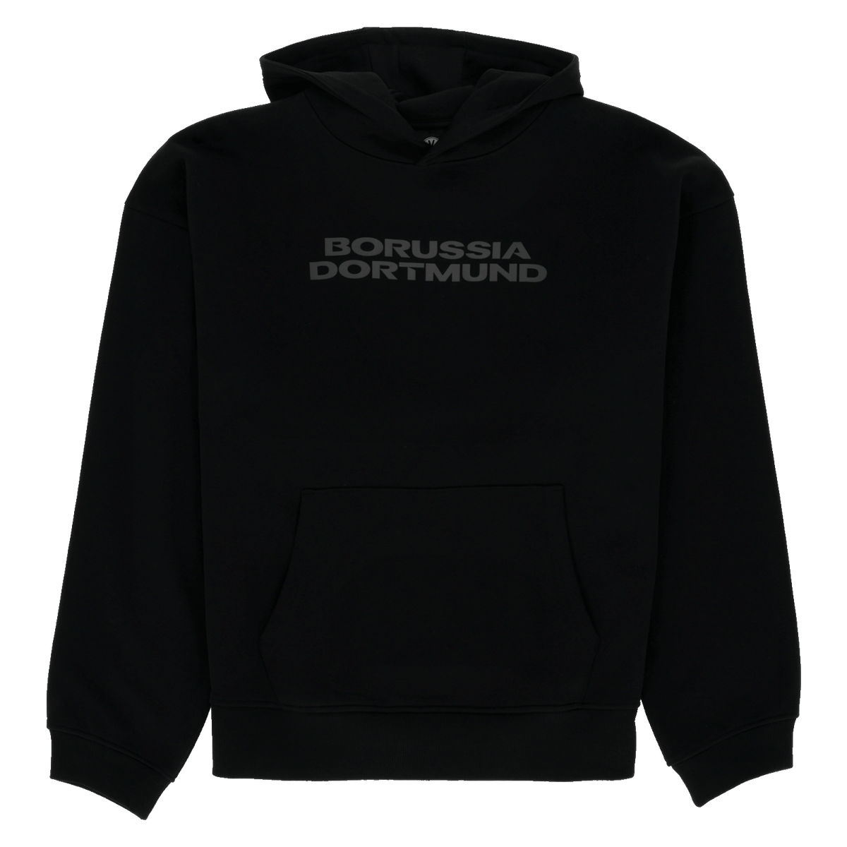 Black BVB 09 Urban Hoodie with large "Borussia Dortmund" lettering on the front, featuring a classic design and comfortable fit.