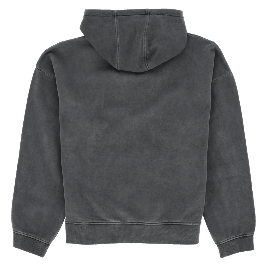 这款黑色BVB都市风连帽衫采用涂鸦水洗效果设计，背面视图。这是一款专为多特蒙德球迷打造、兼具舒适与都市风格的连帽衫。