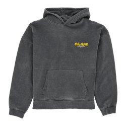 Black-and-gray BVB Urban hoodie with a "Null Neun" graffiti print in yellow and a fanny pack—a casual piece of fan merchandise in an urban washed design.