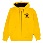 Yellow BVB Explorer I hooded sweatshirt with a zipper, black "Borussia Dortmund" lettering on the chest, and black-and-yellow drawstring.