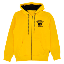 黄色のBVB Explorer I スウェットジャケット。フード付き、ジッパー仕様。胸元には黒い「Borussia Dortmund」のロゴ、黒と黄色のドローコードが付いています。