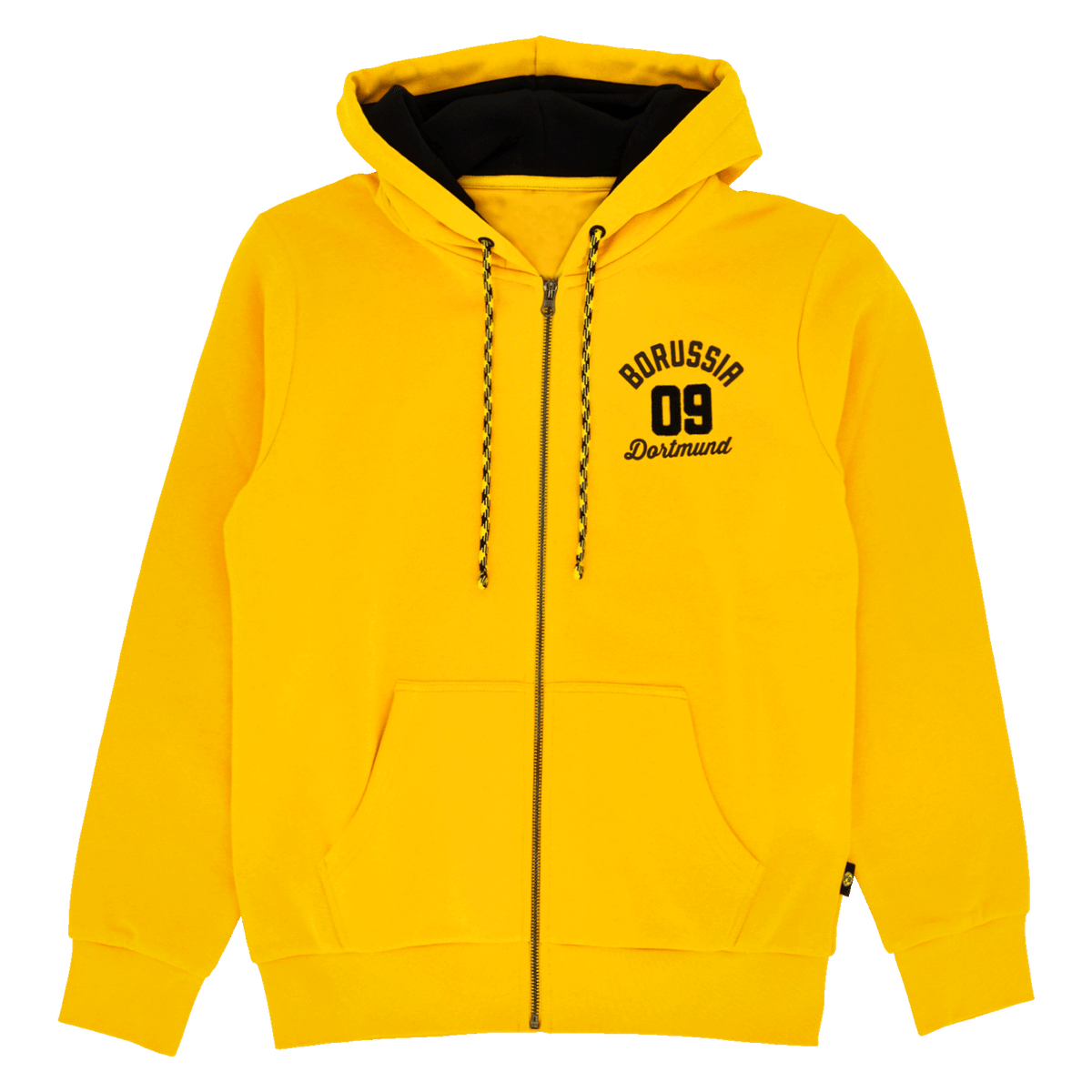 Gelbe BVB Explorer I Sweatjacke mit Kapuze, Reißverschluss, schwarzem Borussia Dortmund Schriftzug auf der Brust und schwarzgelber Kordel.