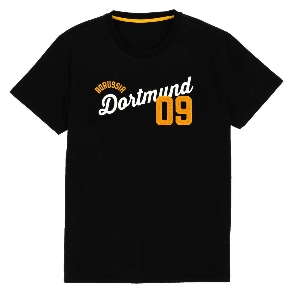 Schwarzes BVB T-Shirt mit gelber 09 und weißem Borussia Dortmund-Schriftzug auf der Brust, ideal für Fans und Freizeit.