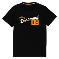 Black BVB T-shirt with a yellow "09" and white "Borussia Dortmund" lettering on the chest, perfect for fans and casual wear.