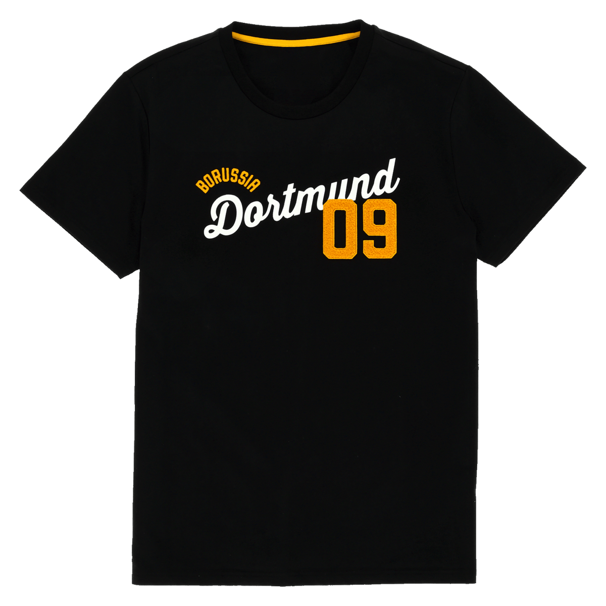 Schwarzes BVB T-Shirt mit gelber 09 und weißem Borussia Dortmund-Schriftzug auf der Brust, ideal für Fans und Freizeit.