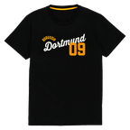 Maglietta nera del BVB con il numero 09 in giallo e la scritta “Borussia Dortmund” in bianco sul petto, ideale per i tifosi e per il tempo libero.