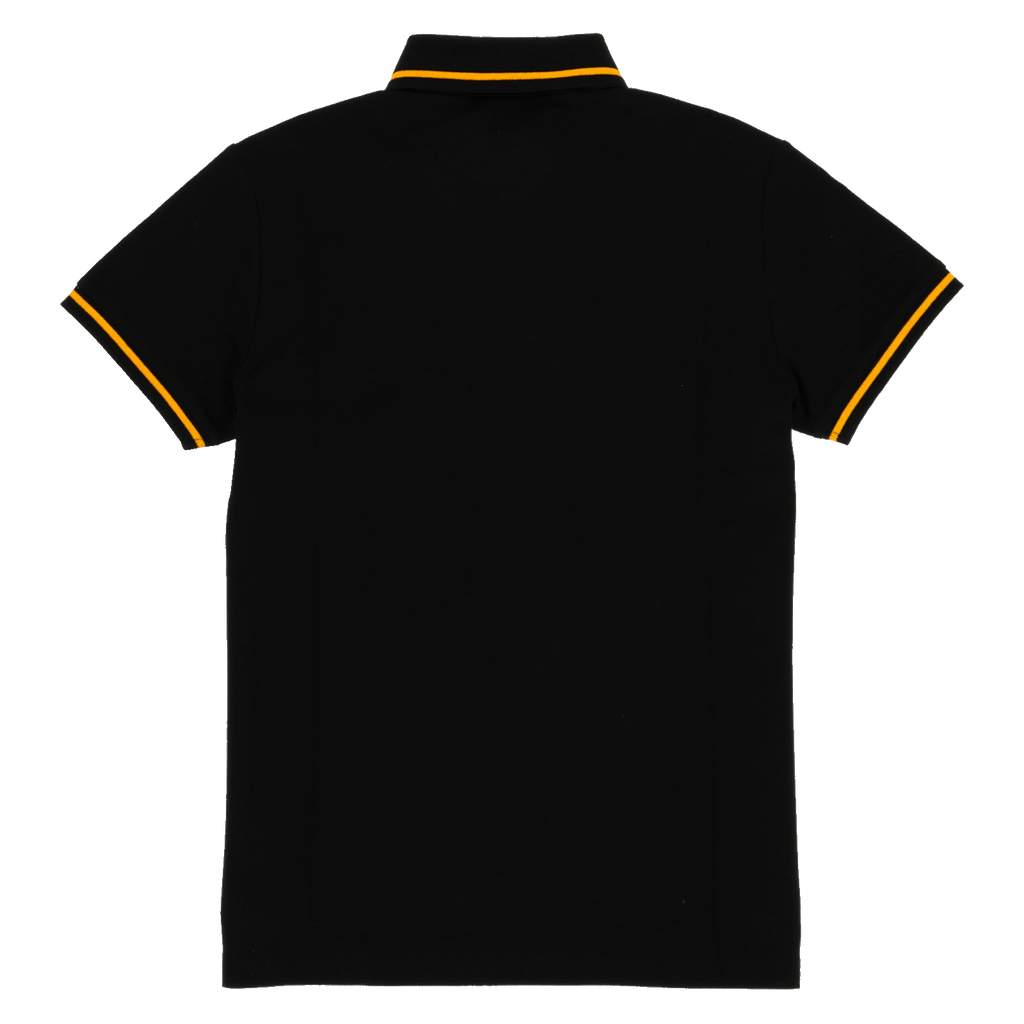 Vue de dos d'un polo noir du BVB rehaussé de touches jaunes au niveau du col et des manches, idéal pour les supporters du Borussia Dortmund.