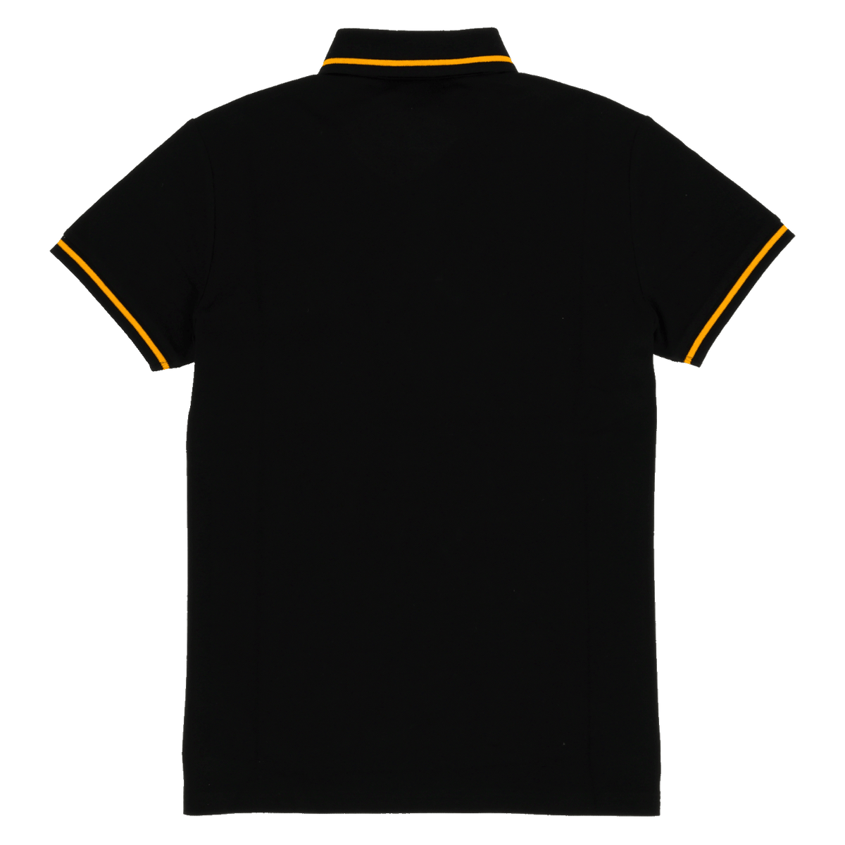 Vue de dos d'un polo noir du BVB rehaussé de touches jaunes au niveau du col et des manches, idéal pour les supporters du Borussia Dortmund.