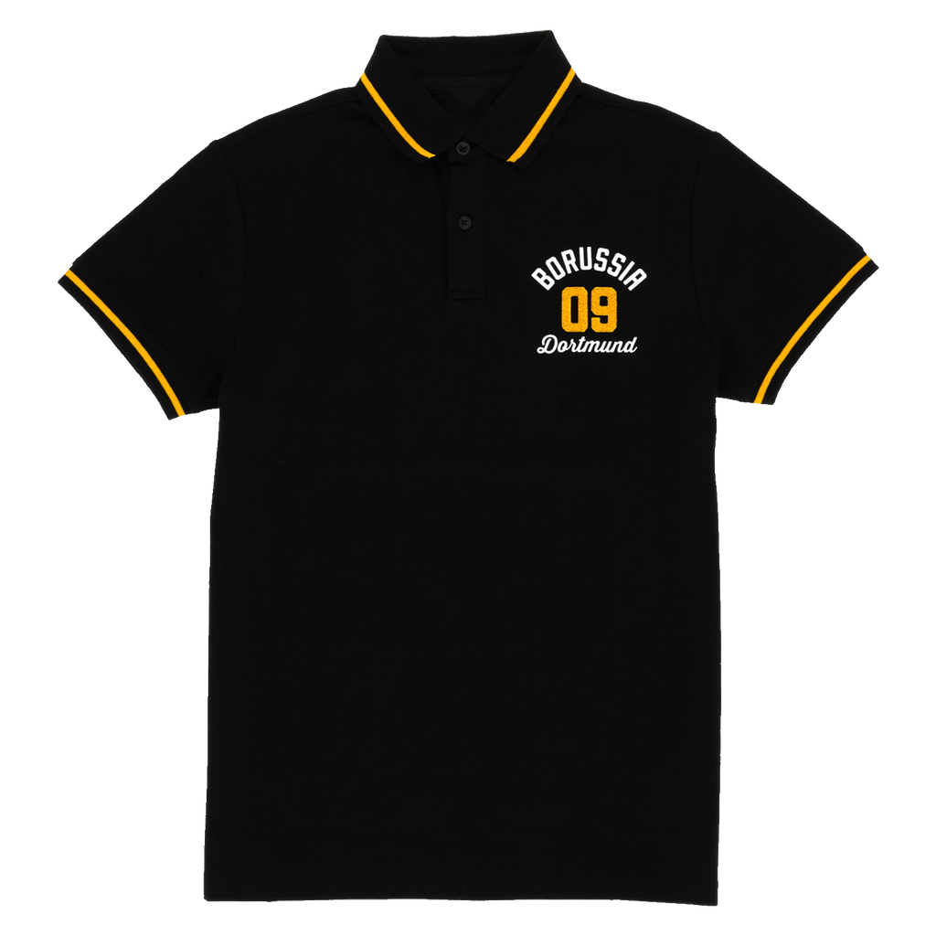 Polo noir du BVB avec des bandes décoratives jaunes et le logo « Borussia Dortmund 09 » brodé, idéal pour les supporters et un style décontracté.