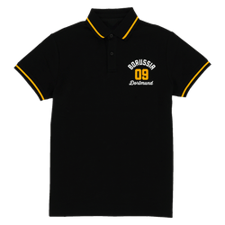 Black BVB polo shirt with yellow trim and an embroidered Borussia Dortmund 09 logo, perfect for fans and casual wear.