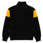 Rückenansicht eines schwarzgelben BVB-Fan-Pullovers mit gelben Streifen auf den Ärmeln. Langarm, sportliches Design, lässig und bequem.