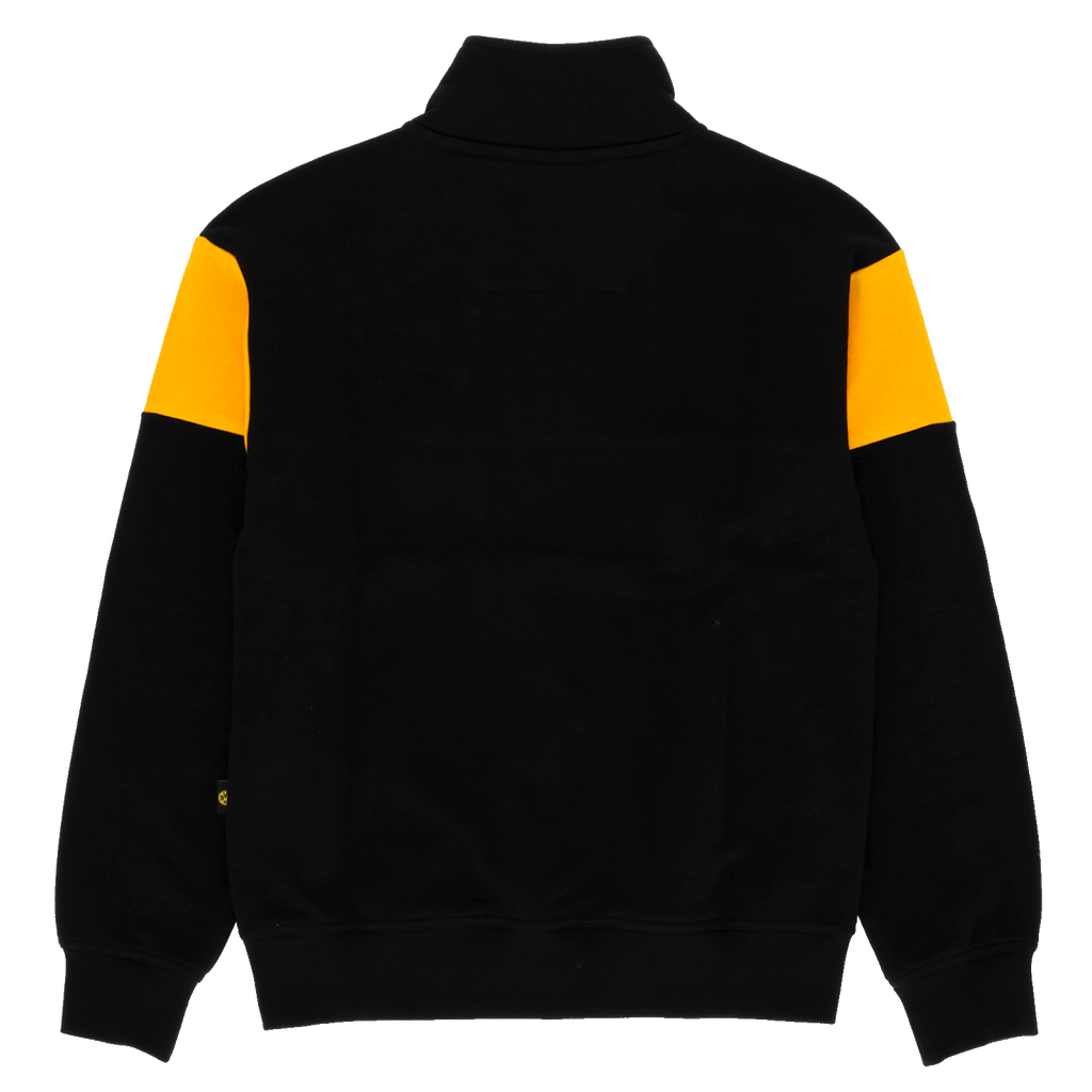 Rückenansicht eines schwarzgelben BVB-Fan-Pullovers mit gelben Streifen auf den Ärmeln. Langarm, sportliches Design, lässig und bequem.