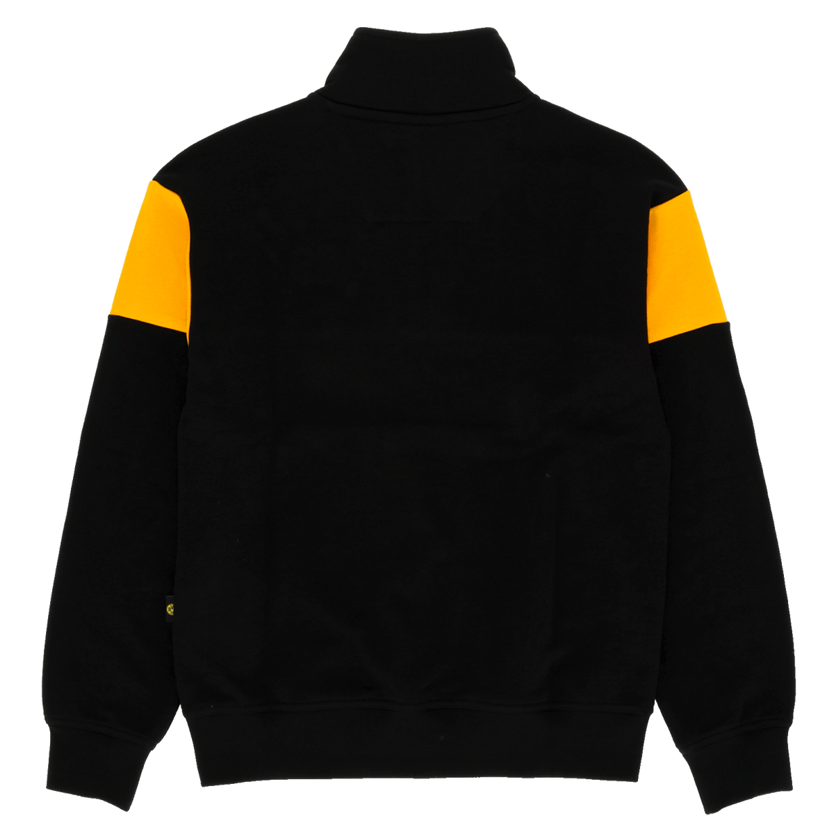 Rückenansicht eines schwarzgelben BVB-Fan-Pullovers mit gelben Streifen auf den Ärmeln. Langarm, sportliches Design, lässig und bequem.