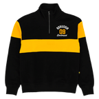 Schwarzgelber BVB-Pullover mit langem Arm, auffälligem gelbem Streifen, Halb-Reißverschluss und Borussia Dortmund 09 Logo auf der Brust.