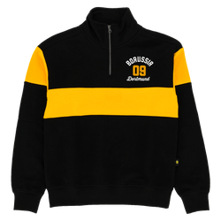 Black-and-yellow BVB long-sleeve sweater with a striking yellow stripe, a half-zip, and the Borussia Dortmund 09 logo on the chest.
