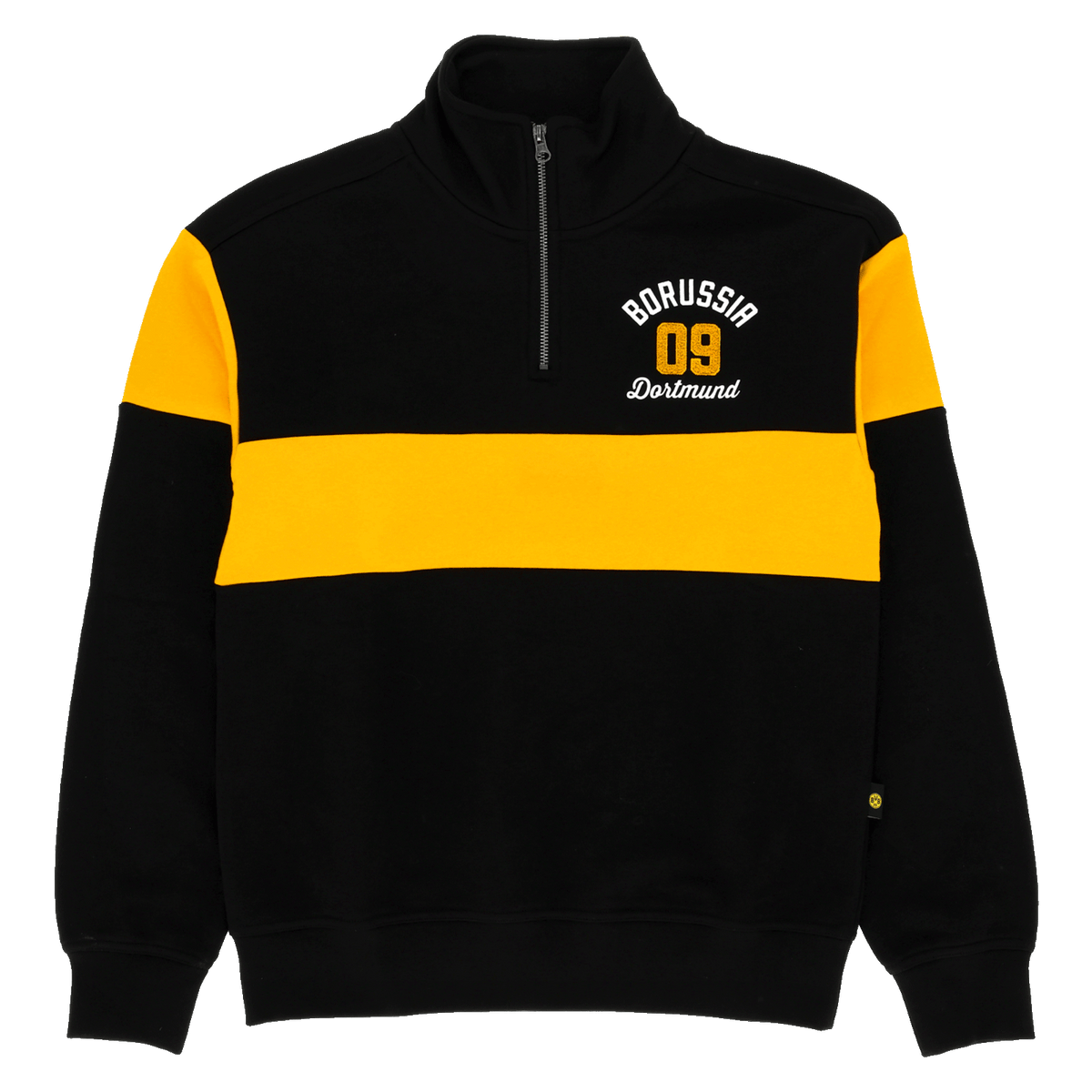 Schwarzgelber BVB-Pullover mit langem Arm, auffälligem gelbem Streifen, Halb-Reißverschluss und Borussia Dortmund 09 Logo auf der Brust.