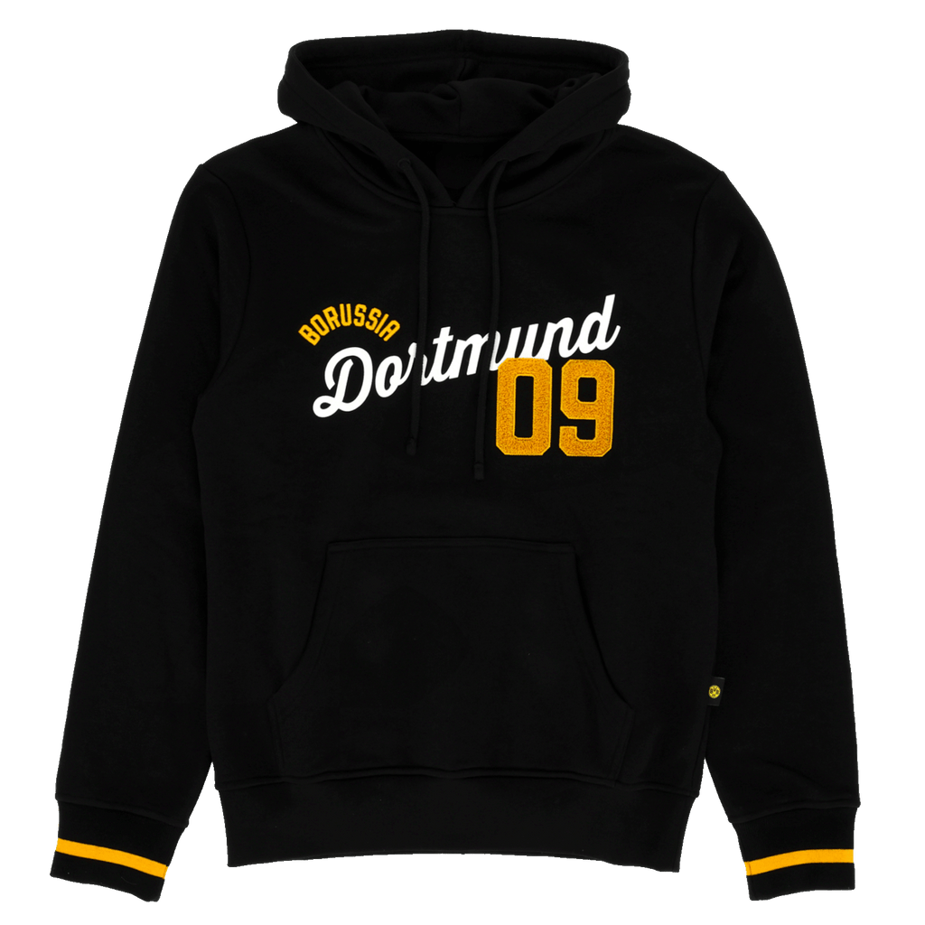 Felpa nera con cappuccio del BVB con la scritta “Borussia Dortmund 09” in bianco e giallo, tasca a marsupio e dettagli gialli sui polsini.