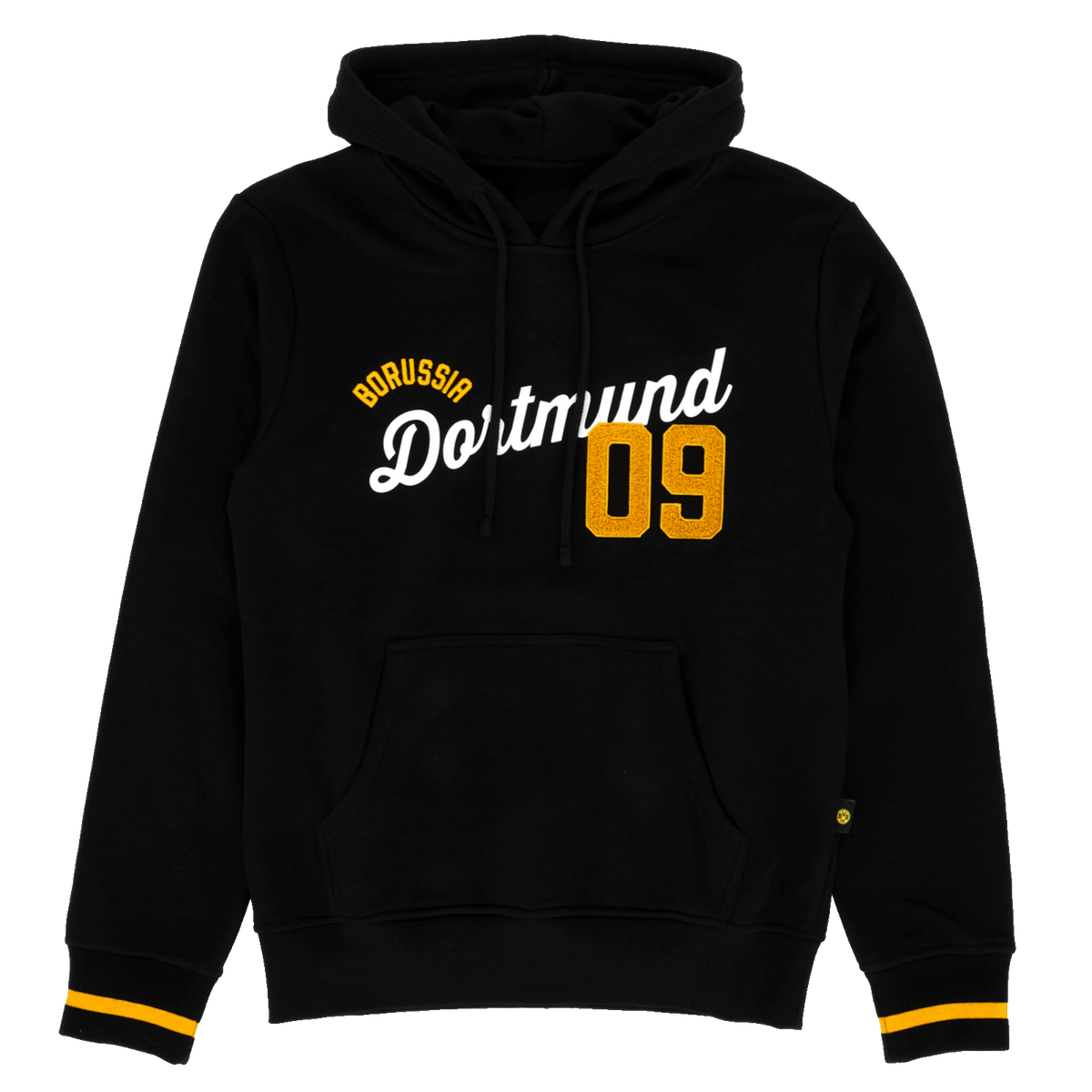 Schwarzer BVB-Kapuzenpullover mit weiß-gelbem 'Borussia Dortmund 09'-Schriftzug, Kängurutasche und gelben Details an den Bündchen.