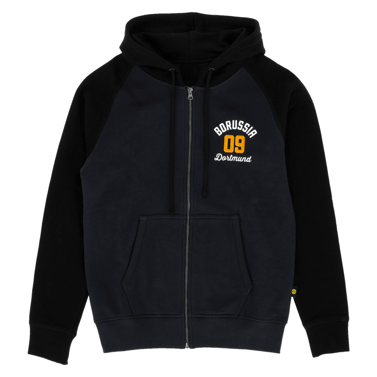 Schwarze BVB Sweatjacke mit Reißverschluss, Kängurutaschen und hochwertigem gestickten Borussia Dortmund Logo sowie 09-Aufschrift auf der Brust.