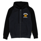 Giacca in felpa nera del BVB con cerniera, tasche a marsupio, logo del Borussia Dortmund ricamato di alta qualità e scritta “09” sul petto.