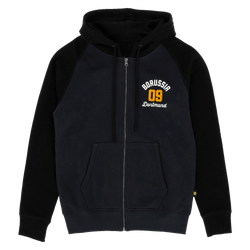 Black BVB zip-up sweatshirt with kangaroo pockets, a high-quality embroidered Borussia Dortmund logo, and "09" lettering on the chest.