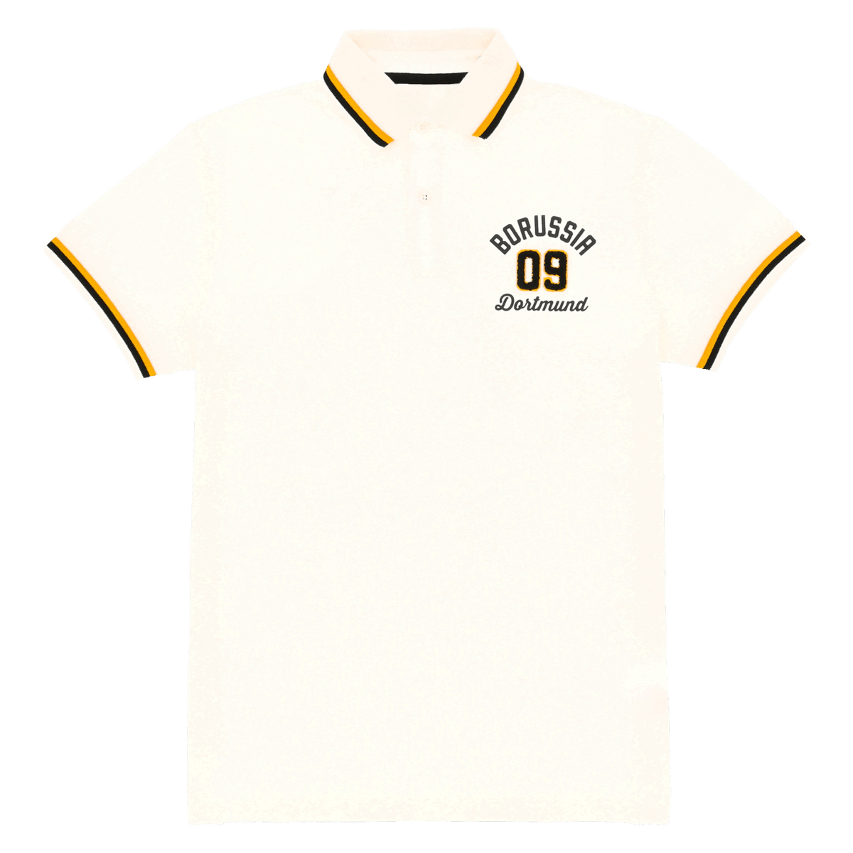 Weißes BVB Explorer I Polo mit schwarzgelben Akzenten an Kragen und Ärmeln, sowie Borussia Dortmund Schriftzug und Vereinslogo auf der Brust.