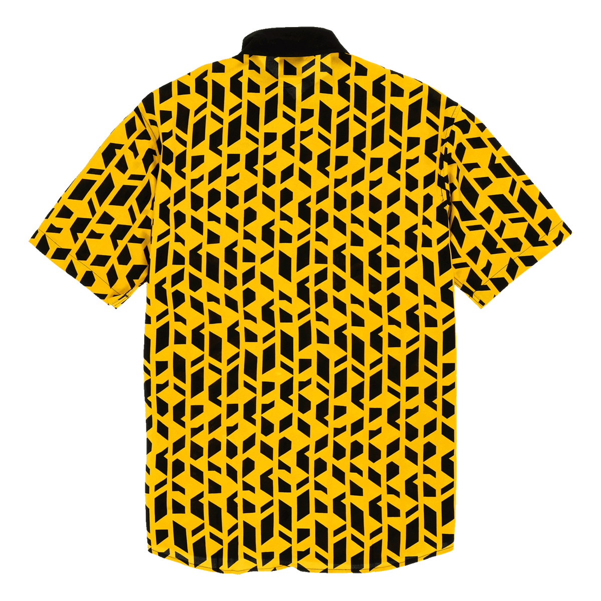 Camicia del BVB Festival nei colori nero e giallo, con un motivo grafico moderno e maniche corte; vista posteriore.