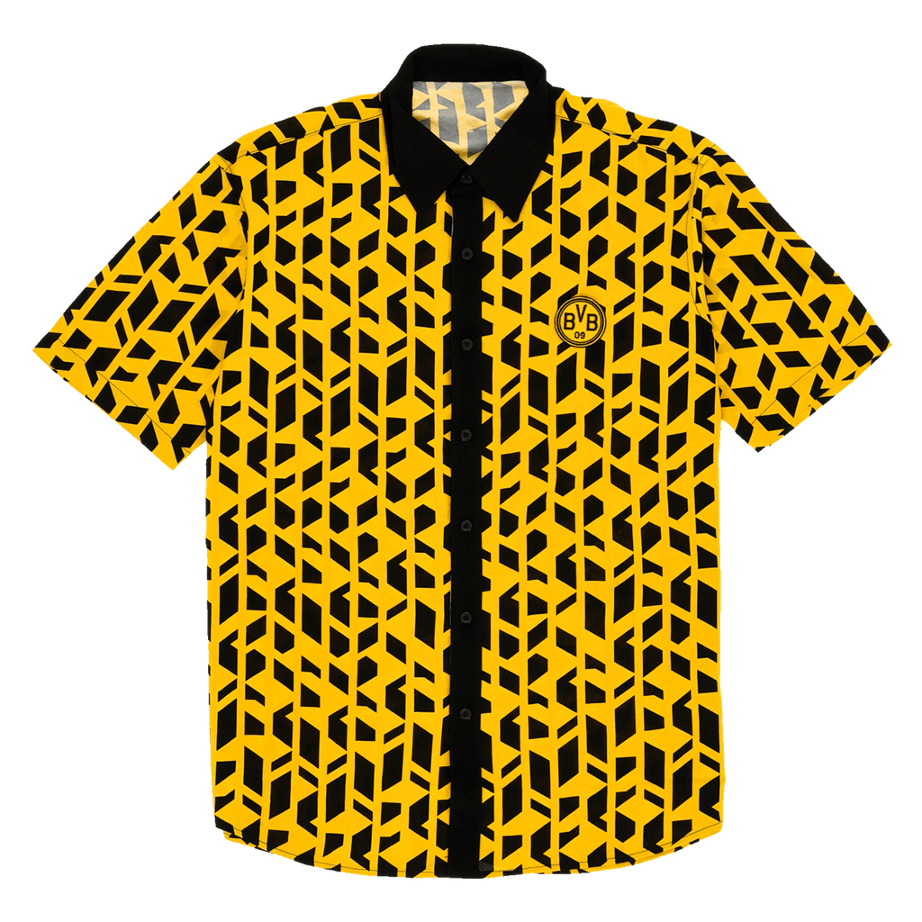 Elegante camicia nera e gialla del BVB Festival II con un accattivante motivo geometrico, colletto nero e logo del BVB sul petto.