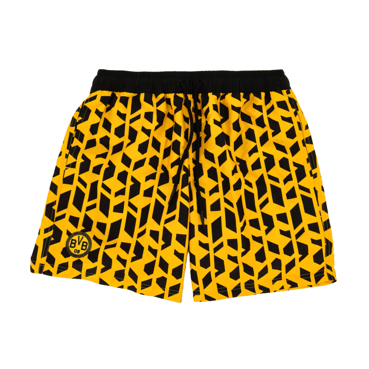 Pantaloncini “BVB Festival II” nei colori nero e giallo, con un accattivante motivo geometrico, vita elasticizzata e logo BVB ricamato.