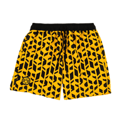Schwarzgelbe BVB Festival II Shorts mit auffälligem geometrischen Muster, elastischem Bund und aufgesticktem BVB-Logo.