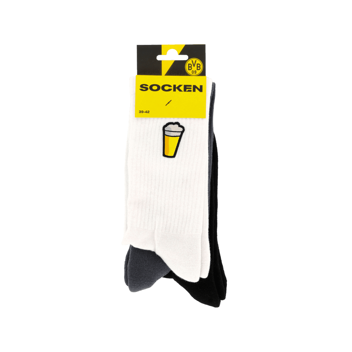 Un pack de 3 pares de calcetines «BVB Festival Icons» con diseño de vaso de cerveza, disponibles en las tallas 39-42, perfectos para los aficionados del Borussia Dortmund.