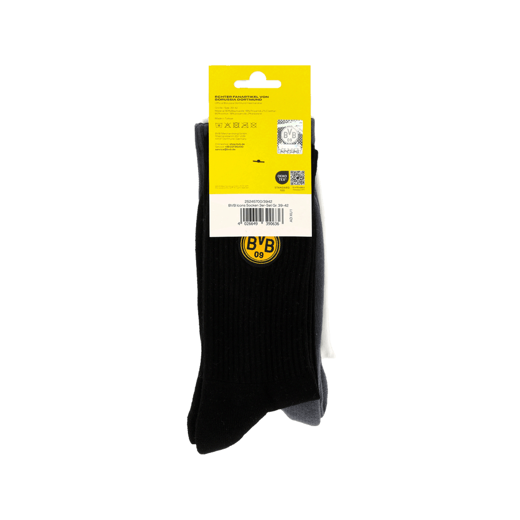 Lote de 3 pares de calcetines «BVB Festival II Icons» en color negro con el logotipo amarillo del BVB, presentados en un atractivo embalaje.