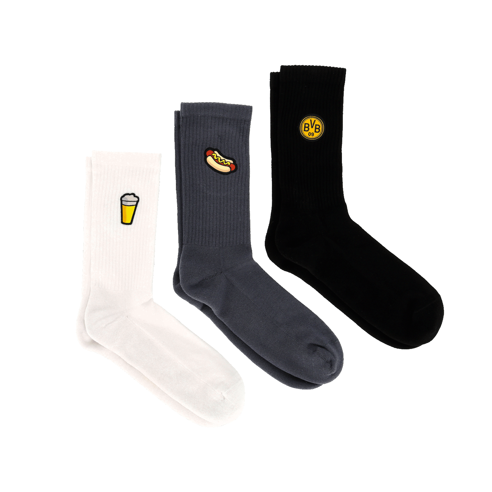 3er Set BVB Socken mit individuellen Designs: Ein schwarzer Socken mit BVB-Logo, ein grauer Socken mit Würstchen-Icon und ein weißer Socken mit Bierglas-Icon.