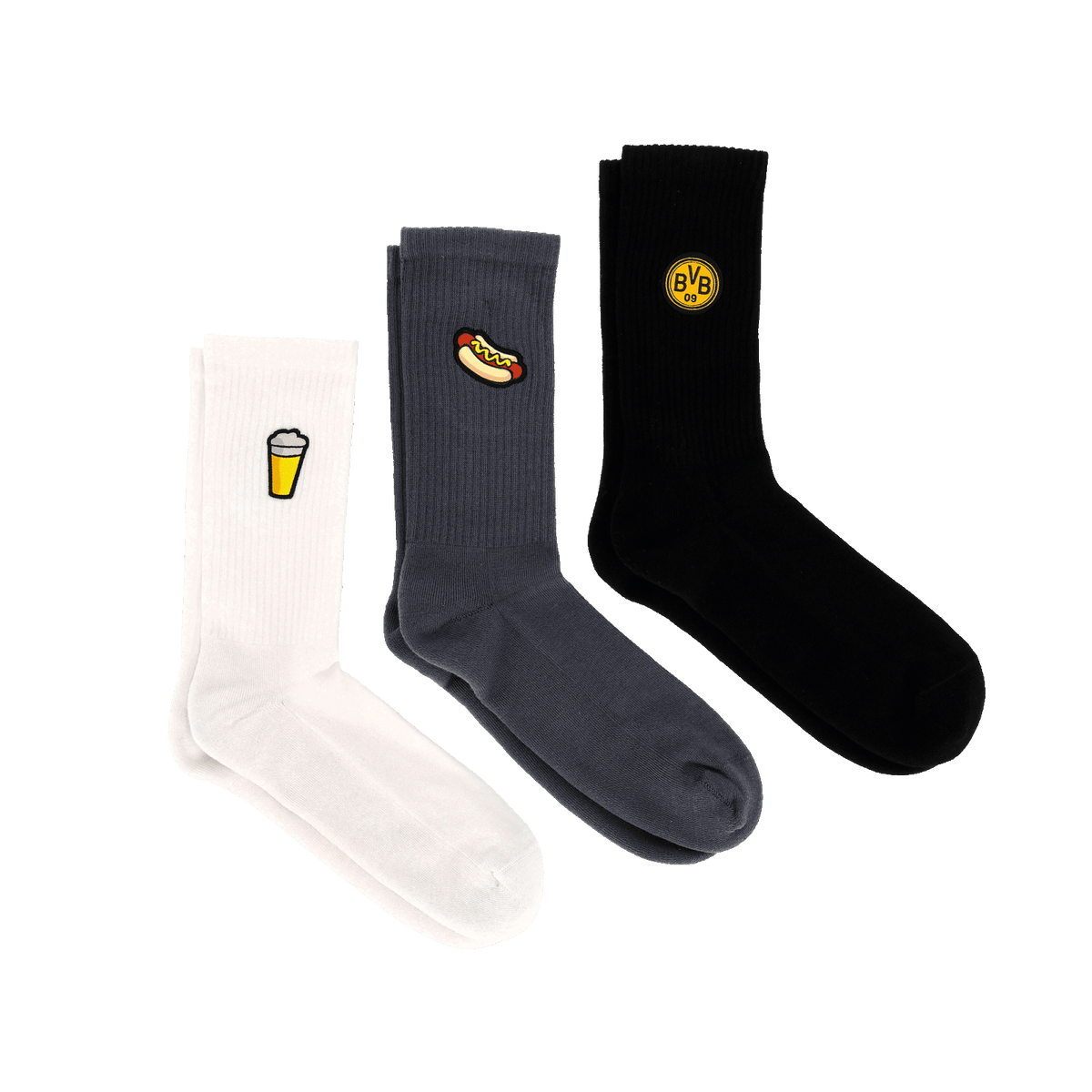 3er Set BVB Socken mit individuellen Designs: Ein schwarzer Socken mit BVB-Logo, ein grauer Socken mit Würstchen-Icon und ein weißer Socken mit Bierglas-Icon.